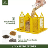 Metal Farmhouse Style Bird Feeder with Large Tray, Yellow