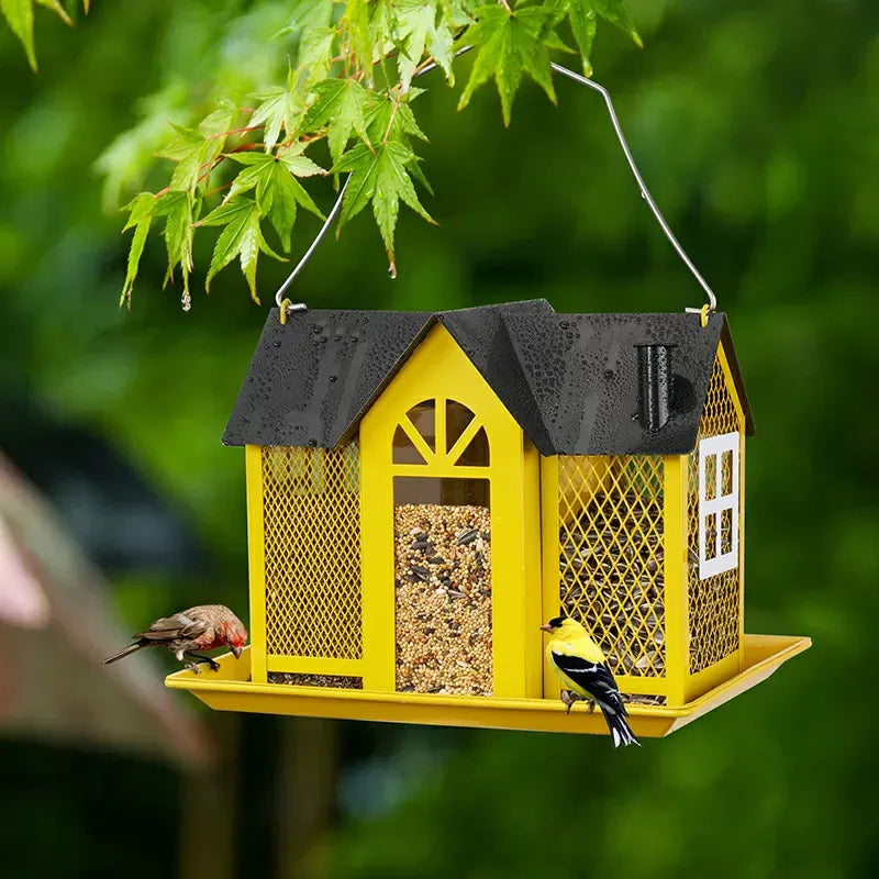 Metal Farmhouse Style Bird Feeder with Large Tray, Yellow