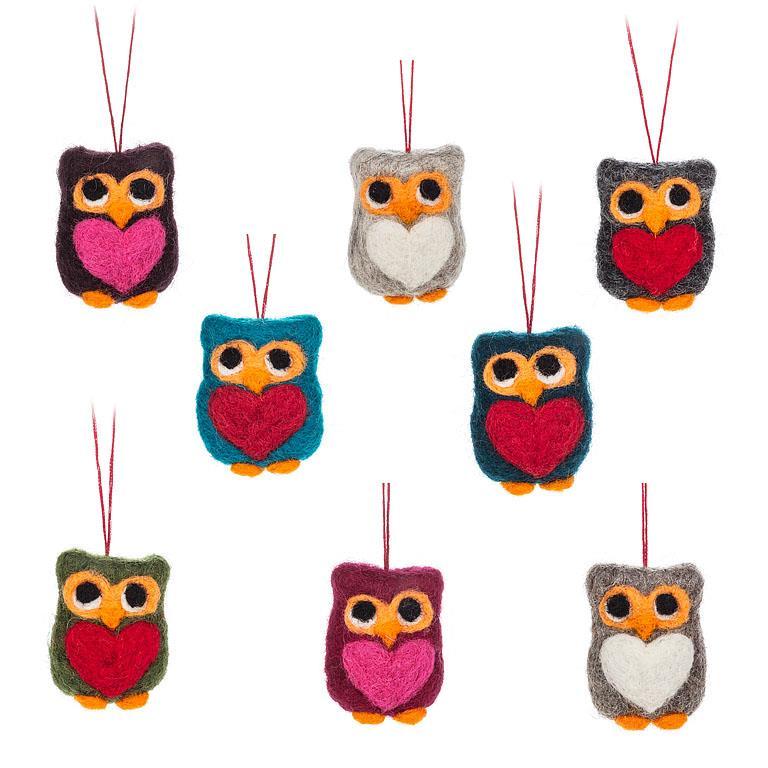 Owl with Heart Ornament, 8 Assortments