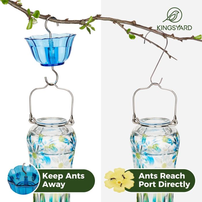 Painted Leak Proof Glass Hummingbird Feeder with Ant Moat, Aqua Blue, 25oz