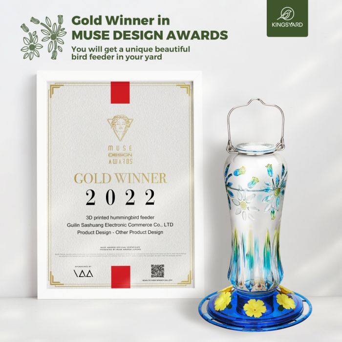 Painted Leak Proof Glass Hummingbird Feeder with Ant Moat, Aqua Blue, 25oz