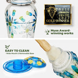 Painted Leak Proof Glass Hummingbird Feeder with Ant Moat, Aqua Blue, 25oz