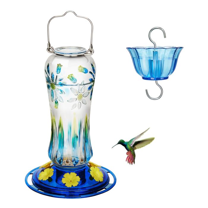 Painted Leak Proof Glass Hummingbird Feeder with Ant Moat, Aqua Blue, 25oz