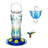 Painted Leak Proof Glass Hummingbird Feeder with Ant Moat, Aqua Blue, 25oz