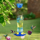 Painted Leak Proof Glass Hummingbird Feeder with Ant Moat, Aqua Blue, 25oz
