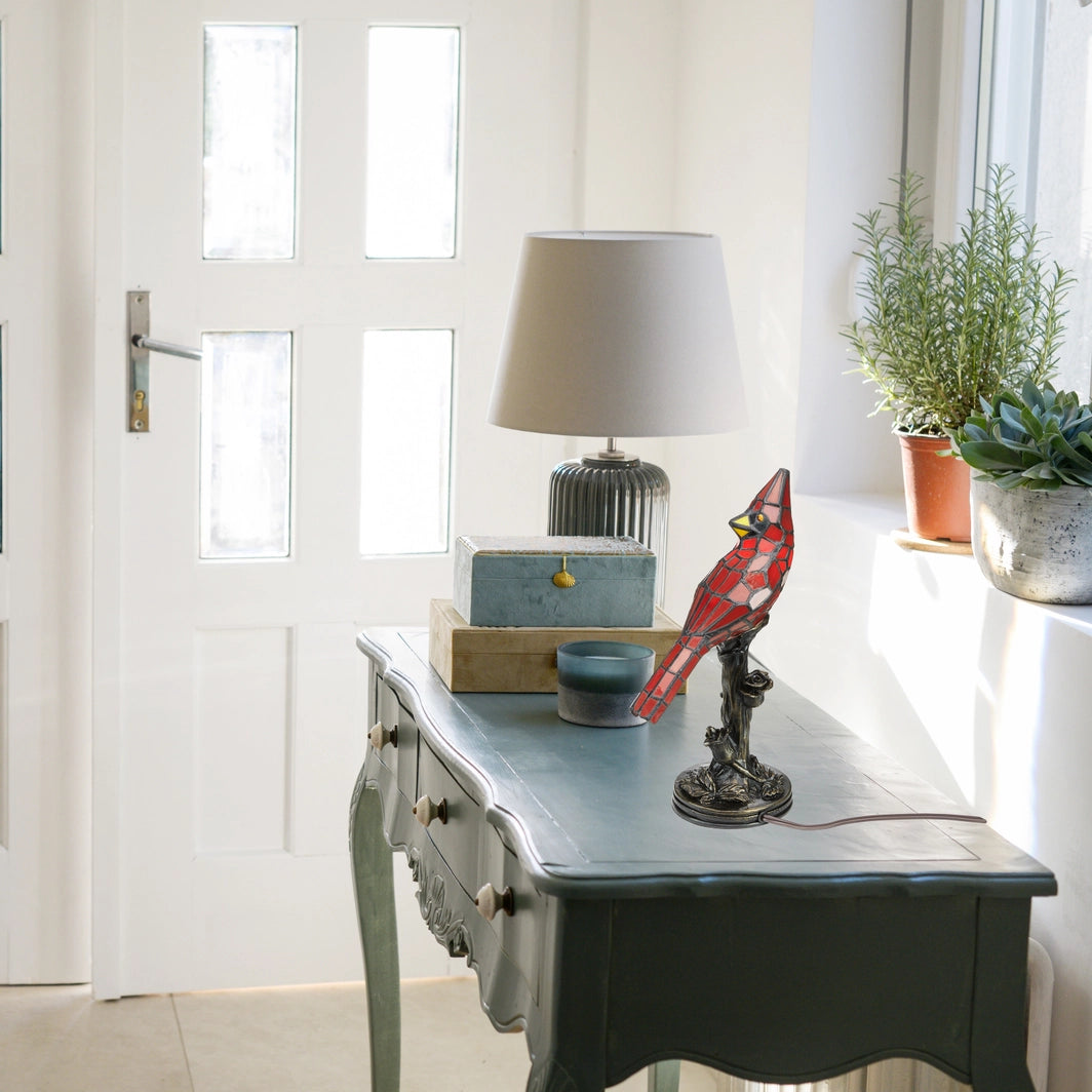 Skylar Red Cardinal Stained Glass Bird Accent Lamp, 13.5-Inch Height (Store Pickup Only)