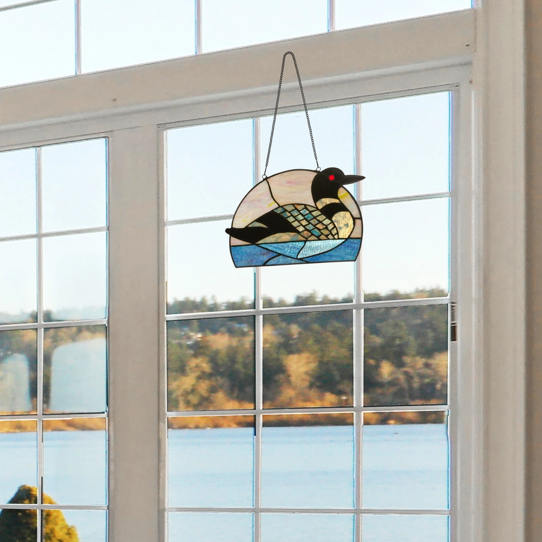 Swimming Loon Stained Glass Window Panel, 9.5-Inch Height (Store Pickup Only)