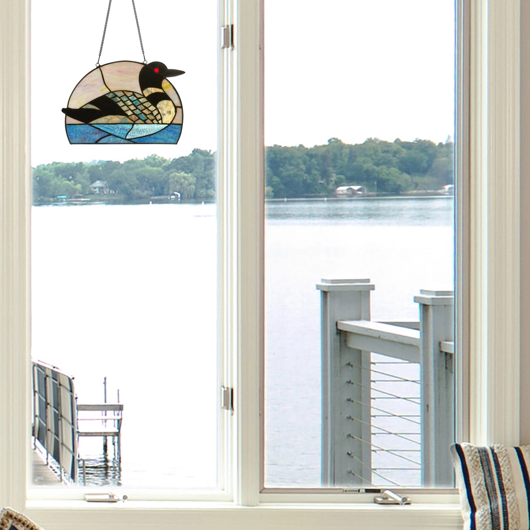 Swimming Loon Stained Glass Window Panel, 9.5-Inch Height (Store Pickup Only)