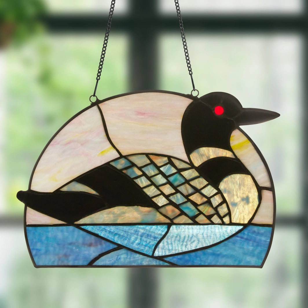 Swimming Loon Stained Glass Window Panel, 9.5-Inch Height (Store Pickup Only)