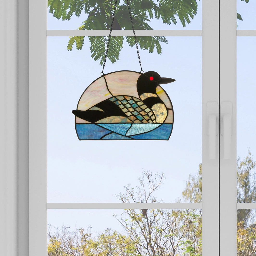 Swimming Loon Stained Glass Window Panel, 9.5-Inch Height (Store Pickup Only)