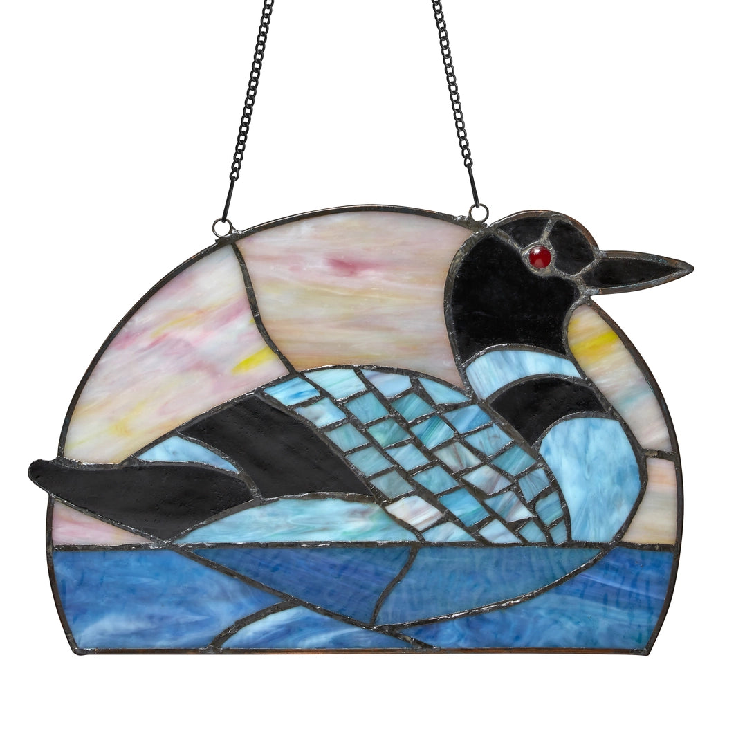 Swimming Loon Stained Glass Window Panel, 9.5-Inch Height (Store Pickup Only)