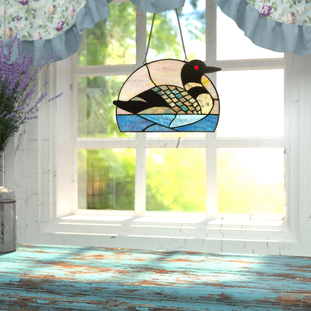 Swimming Loon Stained Glass Window Panel, 9.5-Inch Height (Store Pickup Only)