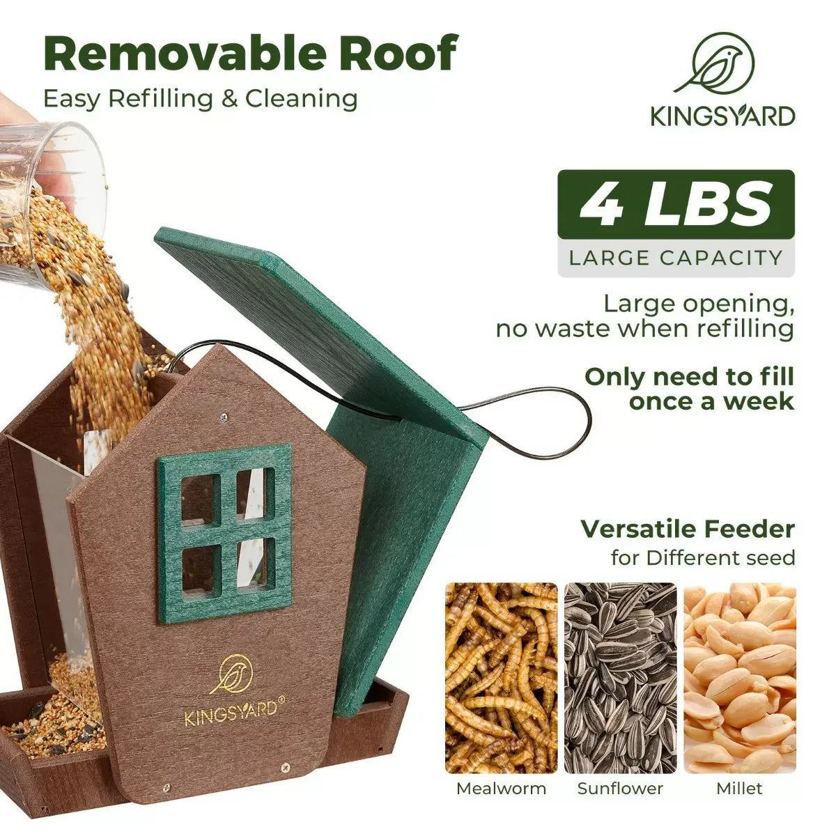 Weatherproof Large Capacity Hopper Bird Feeder, Green