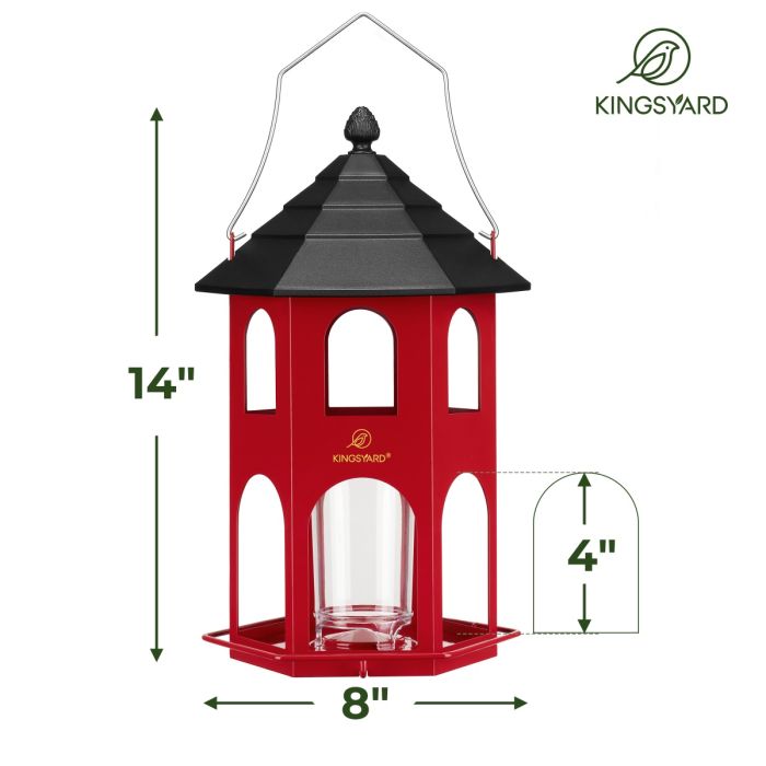 Weatherproof Metal Hexigon House Hopper Bird Feeder, Red