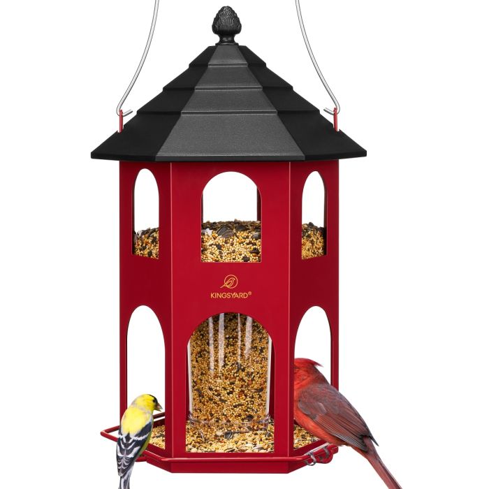 Weatherproof Metal Hexigon House Hopper Bird Feeder, Red