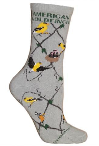 American Goldfinch Birds on Gray Crew Socks