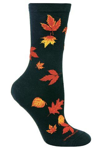 Autumn Leaves on Black Lightweight Cotton Crew Socks