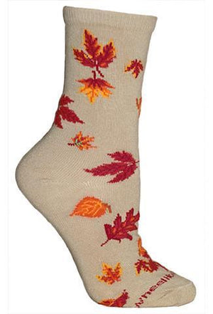 Autumn Leaves on Tan Lightweight Cotton Crew Socks