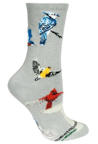 Backyard Birds on Gray Lightweight Cotton Crew Socks