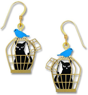 Black Cat in Cage With Bluebird Earrings