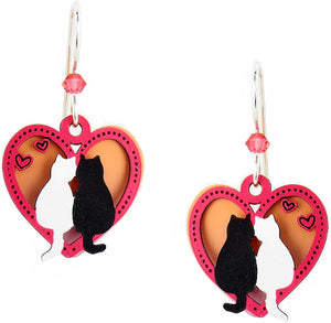 Black & White Cats in Pink Heart Earrings