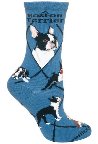 Boston Terrier on Blue Lightweight Cotton Crew Socks