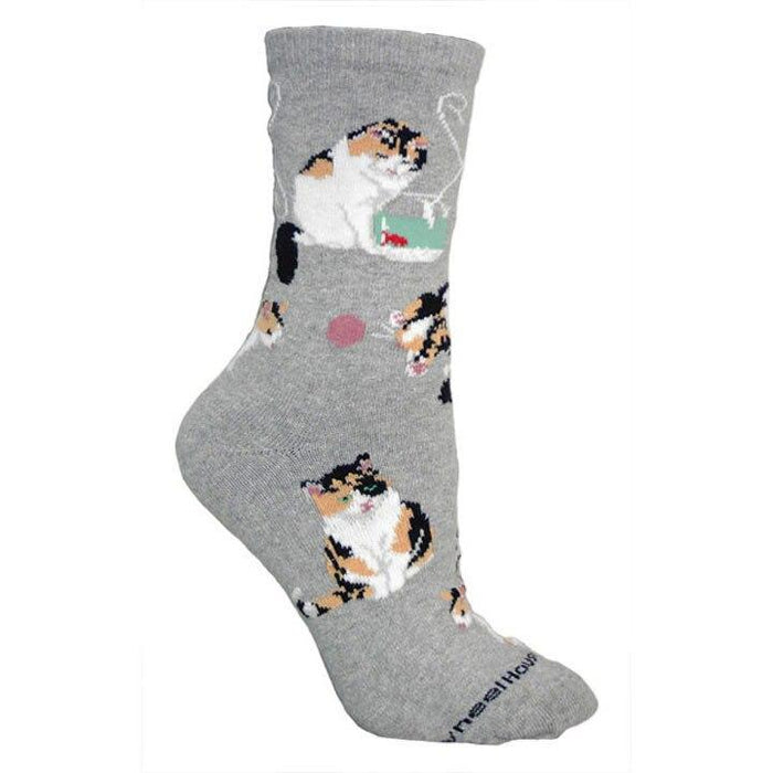 Calico Cats on Gray Lightweight Cotton Crew Socks, Large