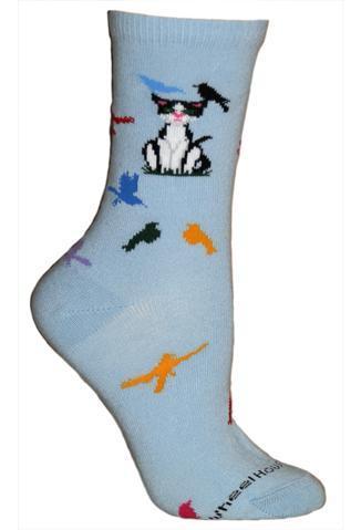 Cats & Birds on Light Blue Lightweight Cotton Crew Socks