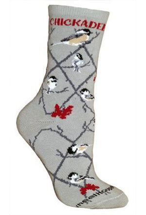 Chickadee on Gray Lightweight Cotton Crew Socks, Large
