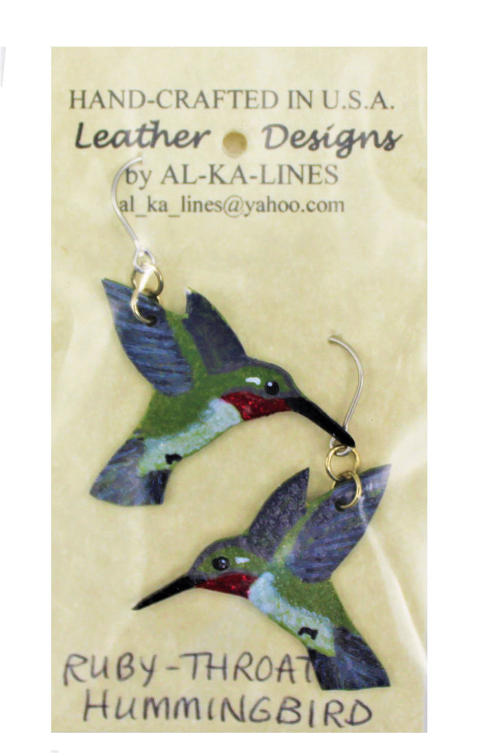 Hand-Crafted Leather Ruby Throated Hummingbird Earrings