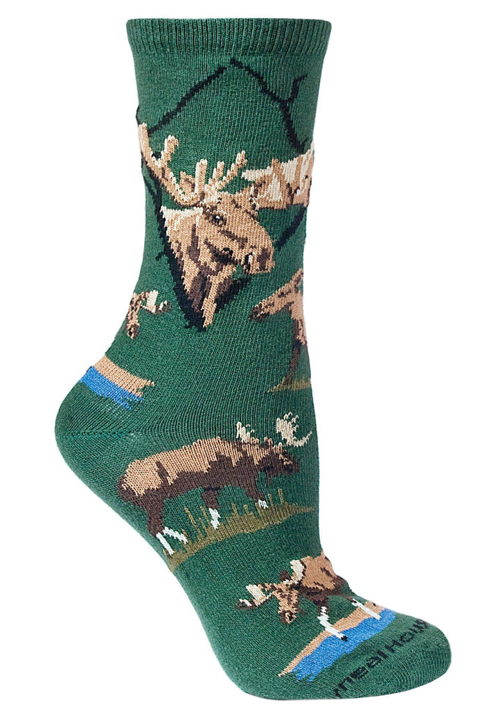Moose Wild on Hunter Green Socks, Large