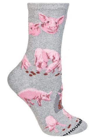 Pigs All Over on Gray Lightweight Cotton Crew Socks