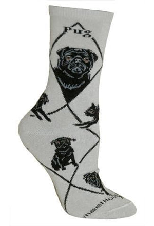 Pug Black on Gray Crew Socks