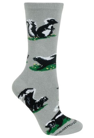 Skunk on Gray Lightweight Cotton Crew Socks, Large