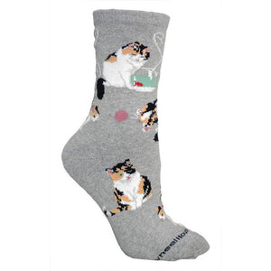 Calico Cats on Gray Lightweight Cotton Crew Socks