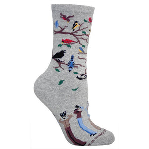 Birdwatcher-On-Gray Lightweight Cotton Crew Socks