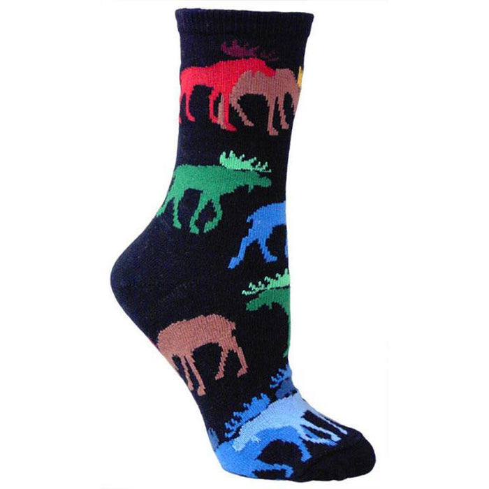 Colourful Moose on Black Lightweight Cotton Crew Socks