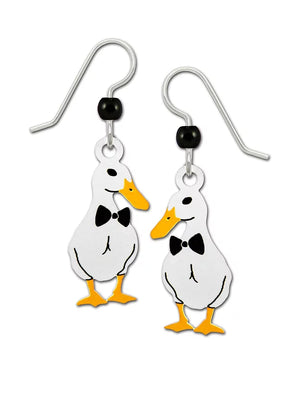 White Duck With Black Bowtie Earrings