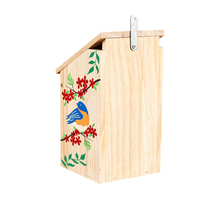 Wood Bird House With Bluebird and Red Flowers