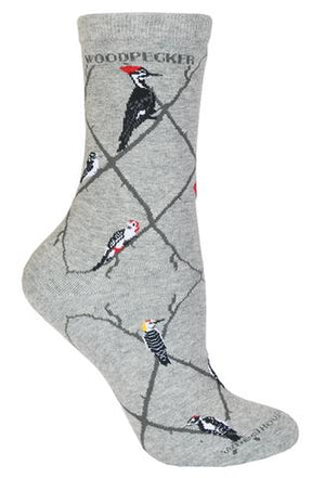 Woodpeckers on Gray Lightweight Cotton Crew Socks