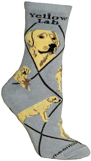 Yellow Labrador Retriever on Grey Lightweight Cotton Crew Socks, Large