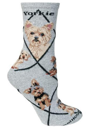 Yorkie, Puppy Cut on Gray Lightweight Cotton Crew Socks