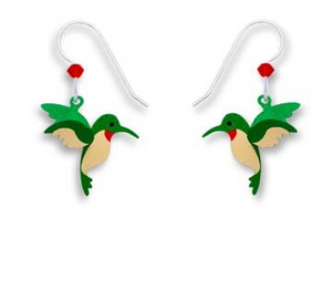 Green Red Buff 3-D Hummingbird Earrings
